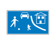 Approaching of residential area. The road space is shared among drivers and other road users. You should drive slowly and carefully and be prepared to stop to allow people extra time to make room for you to pass them in safety. Everyone has equal priority